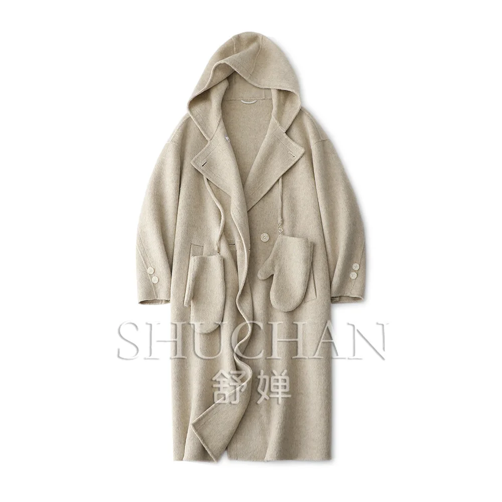 

Warm Double-sided Woolen Coat, Imported Wool Hooded Solid Long Autumn and Winter Abrigos Mujer Invierno