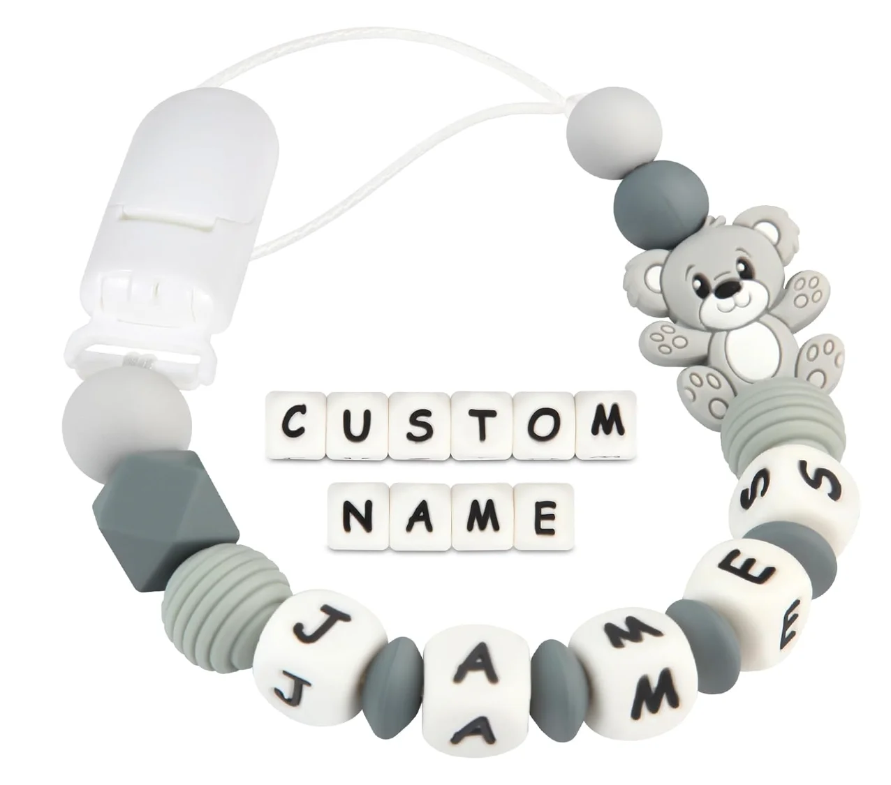 Customized Name English Letters Baby Silicone Pacifier Clips Chains Holder Bear Teether Pendants Teething Kawaii Baby Gifts