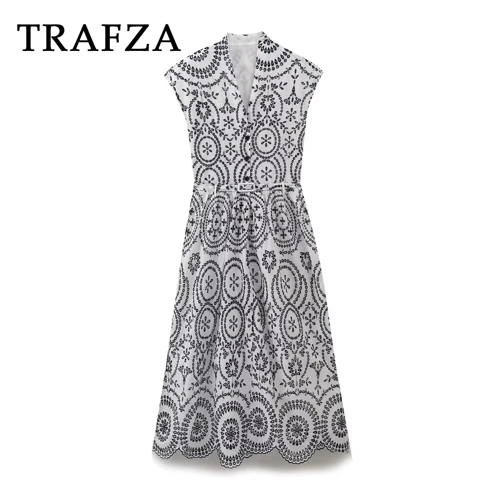 

TRAFZA Chic Embroidery Summer Woman's Dresses Sleeveless V-Neck Buttons Sashes Dresses Casual Fashion 2025 Vintage Vestidos