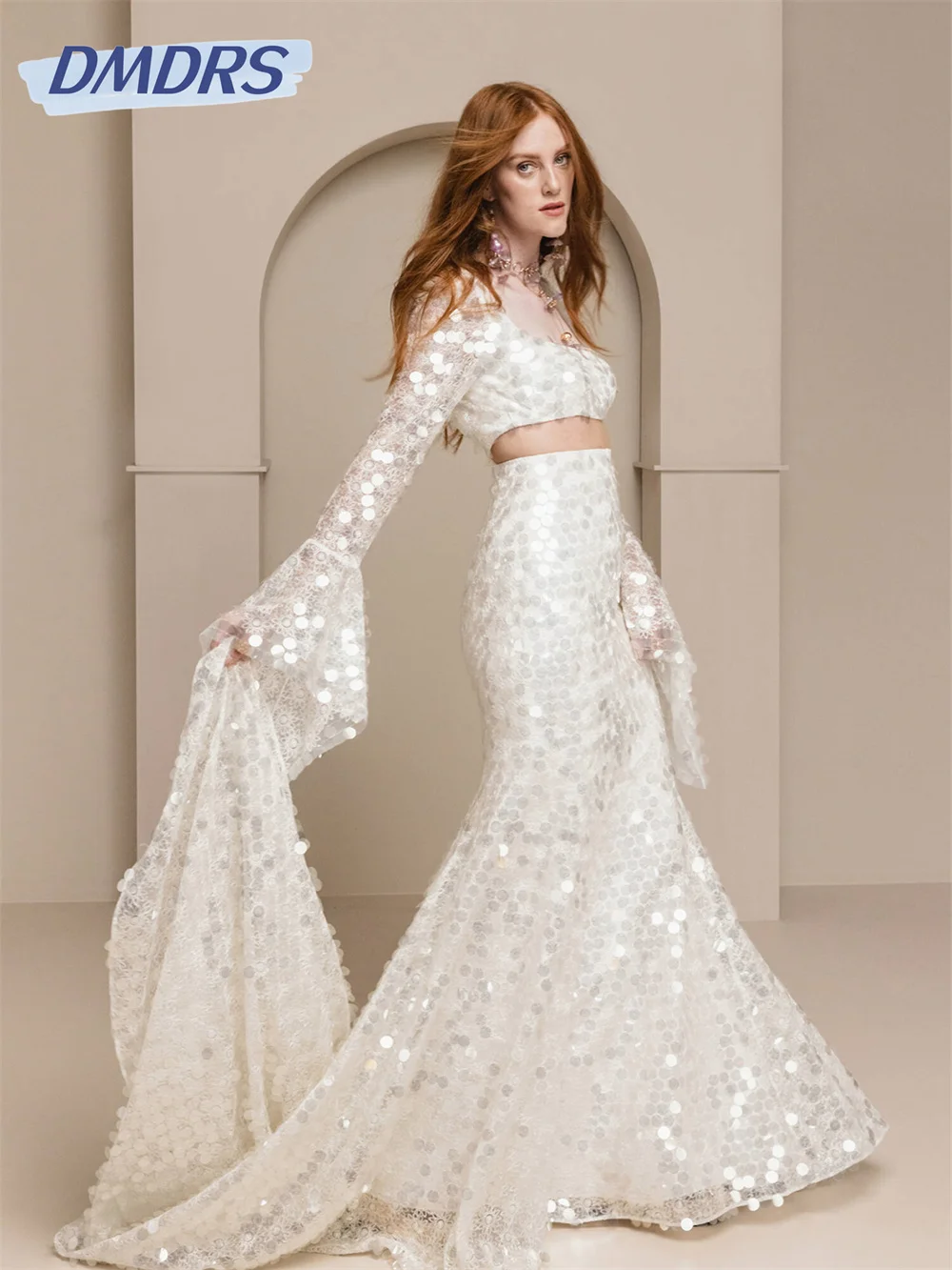 Sexy Sequined Wedding Dress 2024 Charming Long-Sleeved Prom Gown Romantic Off-Shoulder Floor-length Dress Vestidos De Novia