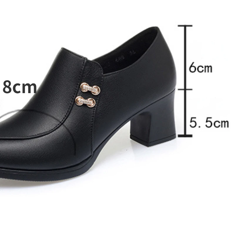 Women Leather Shoes Spring Mother High Heels Soft Bottom Thick Heel Comfortable Non-slip Solid Colour Work Pumps Salto Feminino