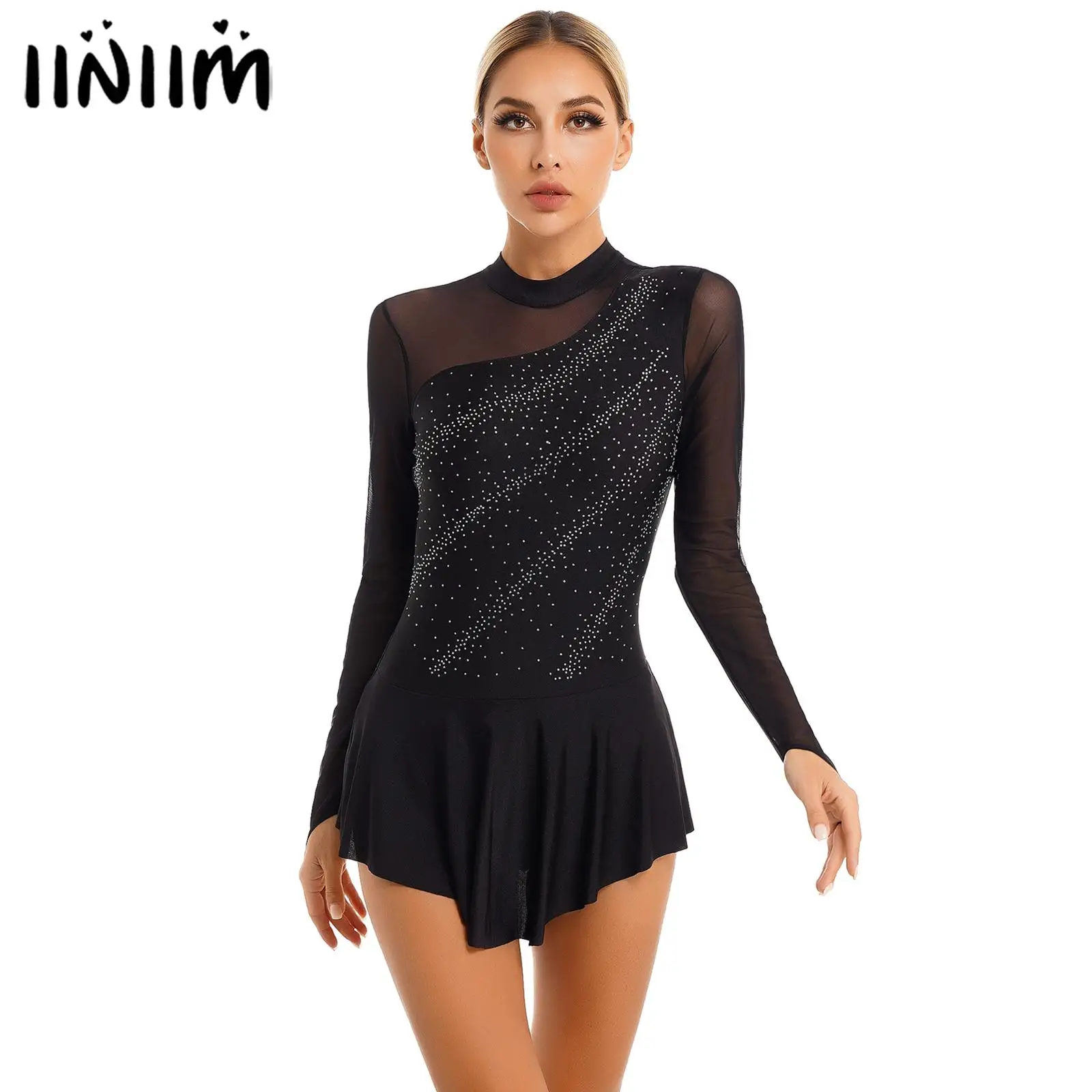 Womens Figure Skating Dance Dresses Glitter Rhinestone Sheer Mesh Patchwork Long Sleeve Leotard Dress