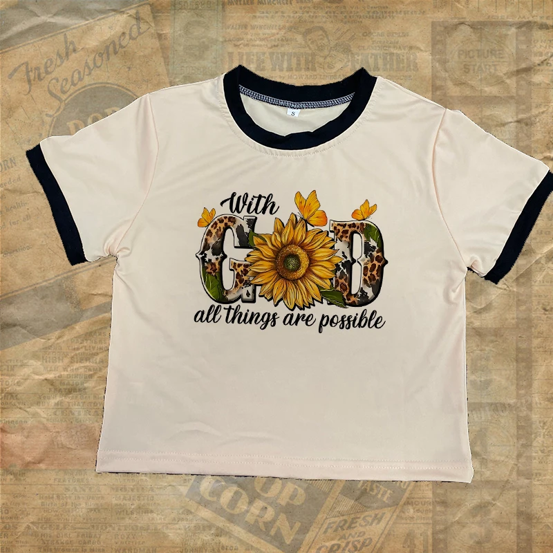 

Y2K Aesthetics Gothic Retro Women T-shirt Leisure Basic Versatile Short Sleeve Crop Top Creative Sunflower Pattern Printing Tees