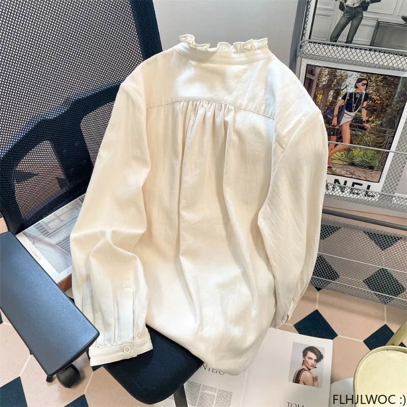 Cotton Chic Korea Cute Basic Shirt Design Women Cute Sweet Japan Girl Vintage Retro Stand Collar Ruffles Tops Blouse 2024 Autumn