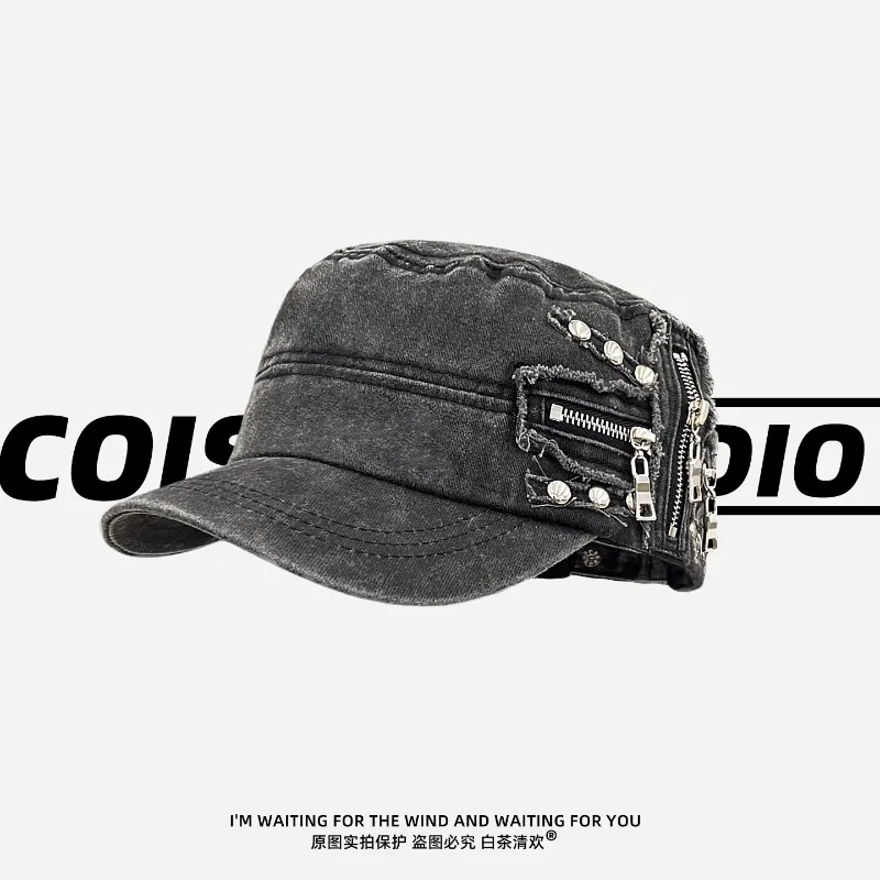 Personalized Rivet Zipper Design Flat-top Baseball Cap Y2K Spring Summer Travel Sun Protection Versatile Retro Newsboy Hat Women