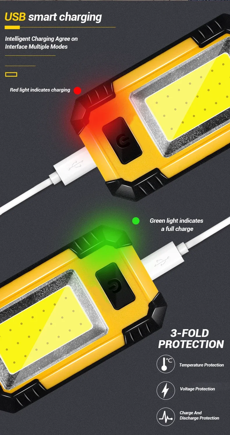 Rechargeable Working Light COB High Bright Flashlight Outdoor Waterproof Camping Fishing Multi-Function Tool with Hook Magnet