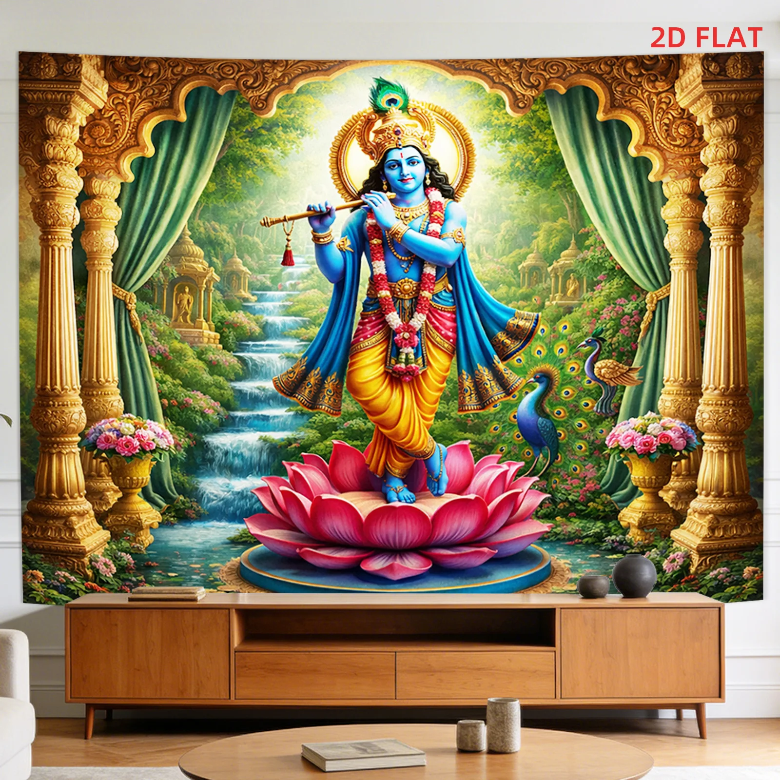 Lord Krishna Flute Tapestry, Blue God on Lotus & Peacock Wall Hanging, Hindu Mythology Art, Vibrant Indian Spiritual Home Decor