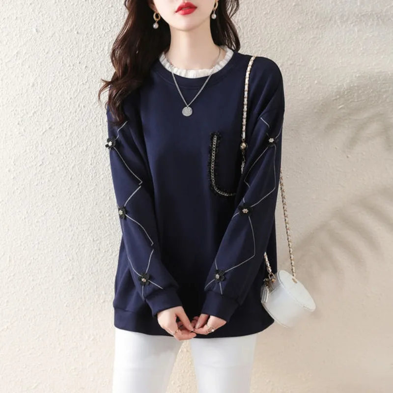 Woman Tops Flowers Round Neck Baggy Sweatshirt for Women Splicing Loose Spring and Autumn Pullover 2025 Trend Kpop New in Cheap