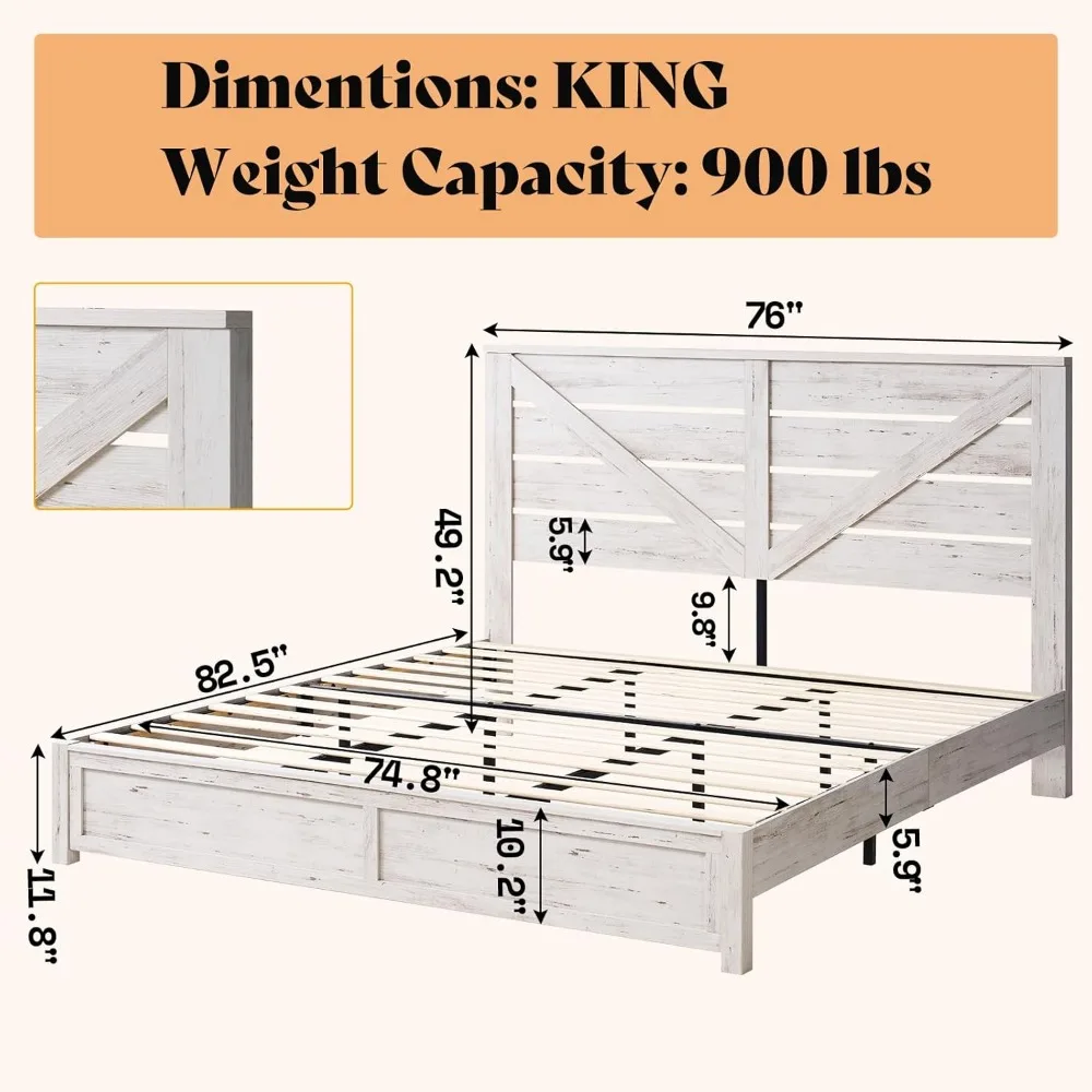 Marco de cama con cabecero de puerta de granero de 49,2 ", marco de cama de plataforma con listones de madera, espacio de almacenamiento debajo de la cama, fácil montaje