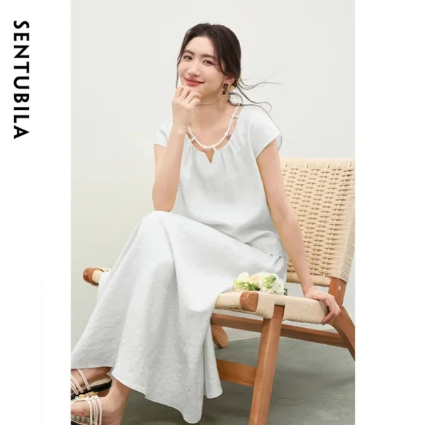 

SENTUBILA Women's Casual White 2 Piece Set Cut Out Beaded Round Neck Drop Shoulder Top Elastic Waist A-Line Skirt Suit 162ZK6036