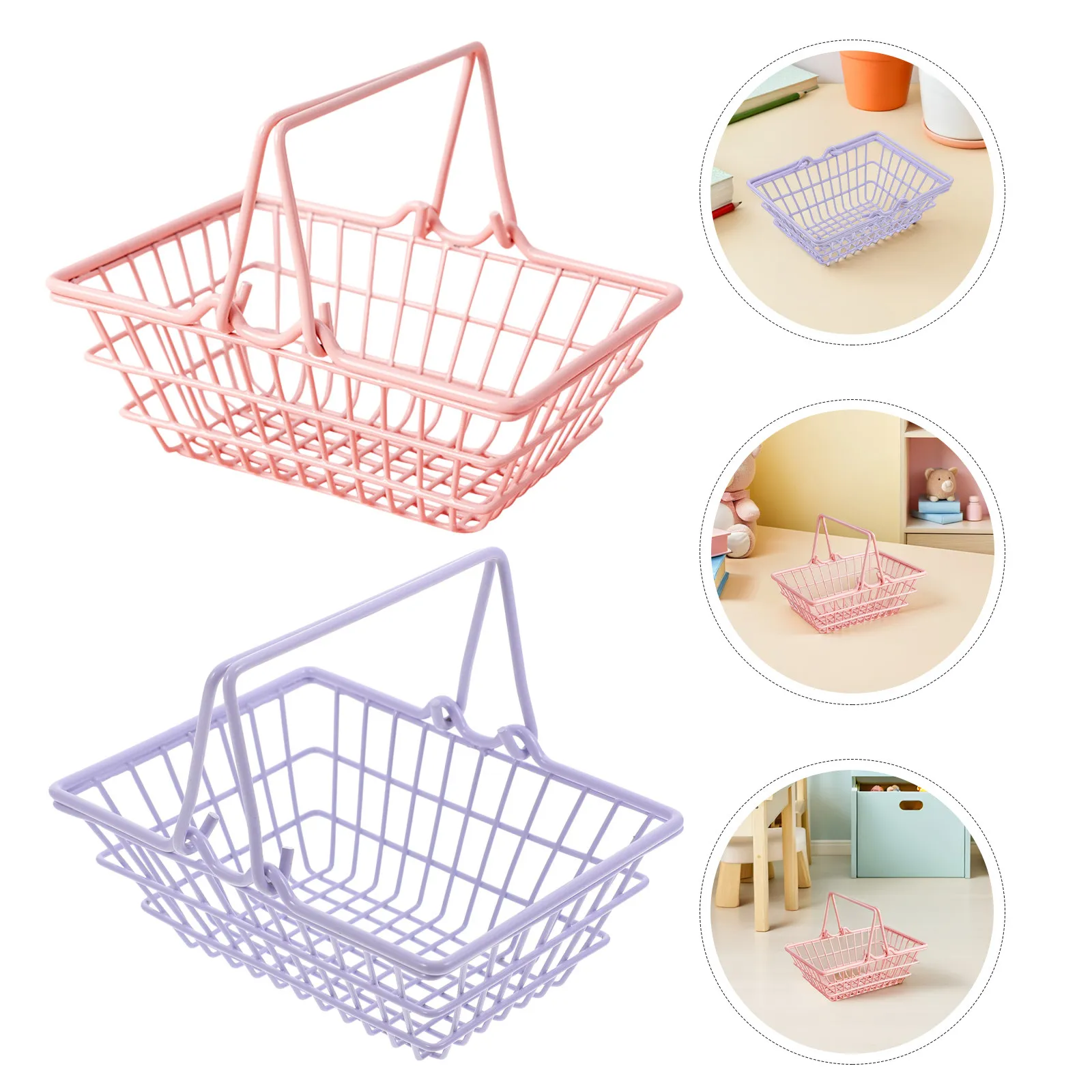 

Набор из 2 мини-корзинок для покупок для детей: металлические проволочные тележки с ручками, портативные контейнеры для хранения, для ролевых игр на кухне