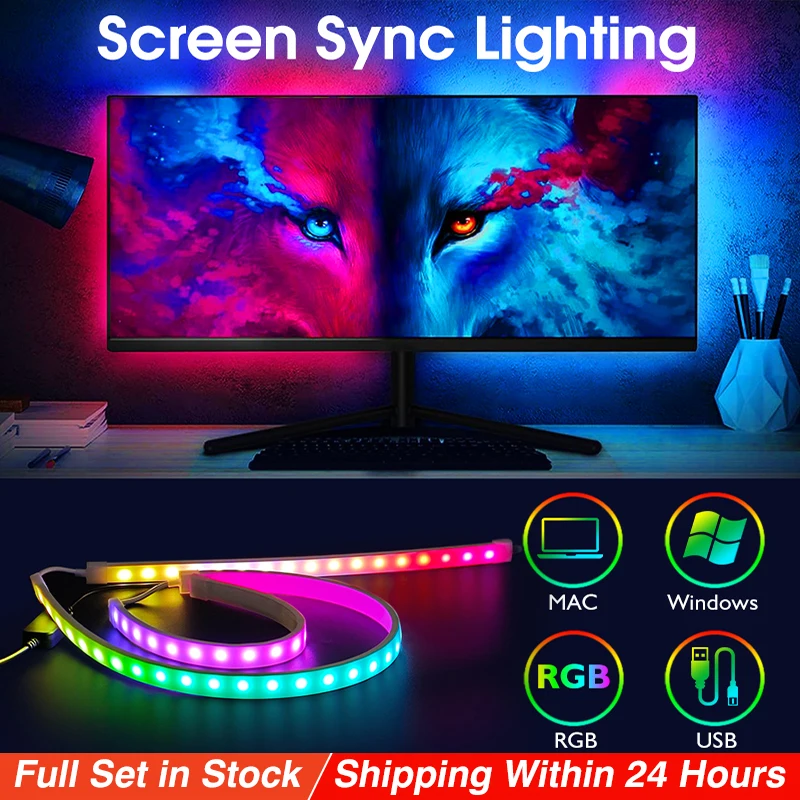 RGB Monitor Light Bar Computer Monitor Screen Color Sync Smart Control SMD5050 LED Strip Lights HDTV Computer Monitor Backlight