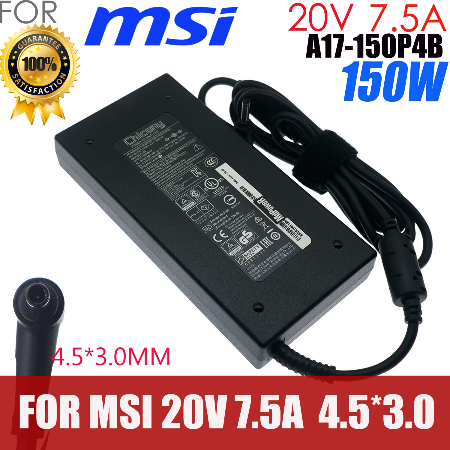 20V 7.5A 150W Power Charger For Msi GF76 Gaming Laptop AC Adapter A17-150P4B A18-150P1A A150A039P 4.5 x 3.0mm Power Supply