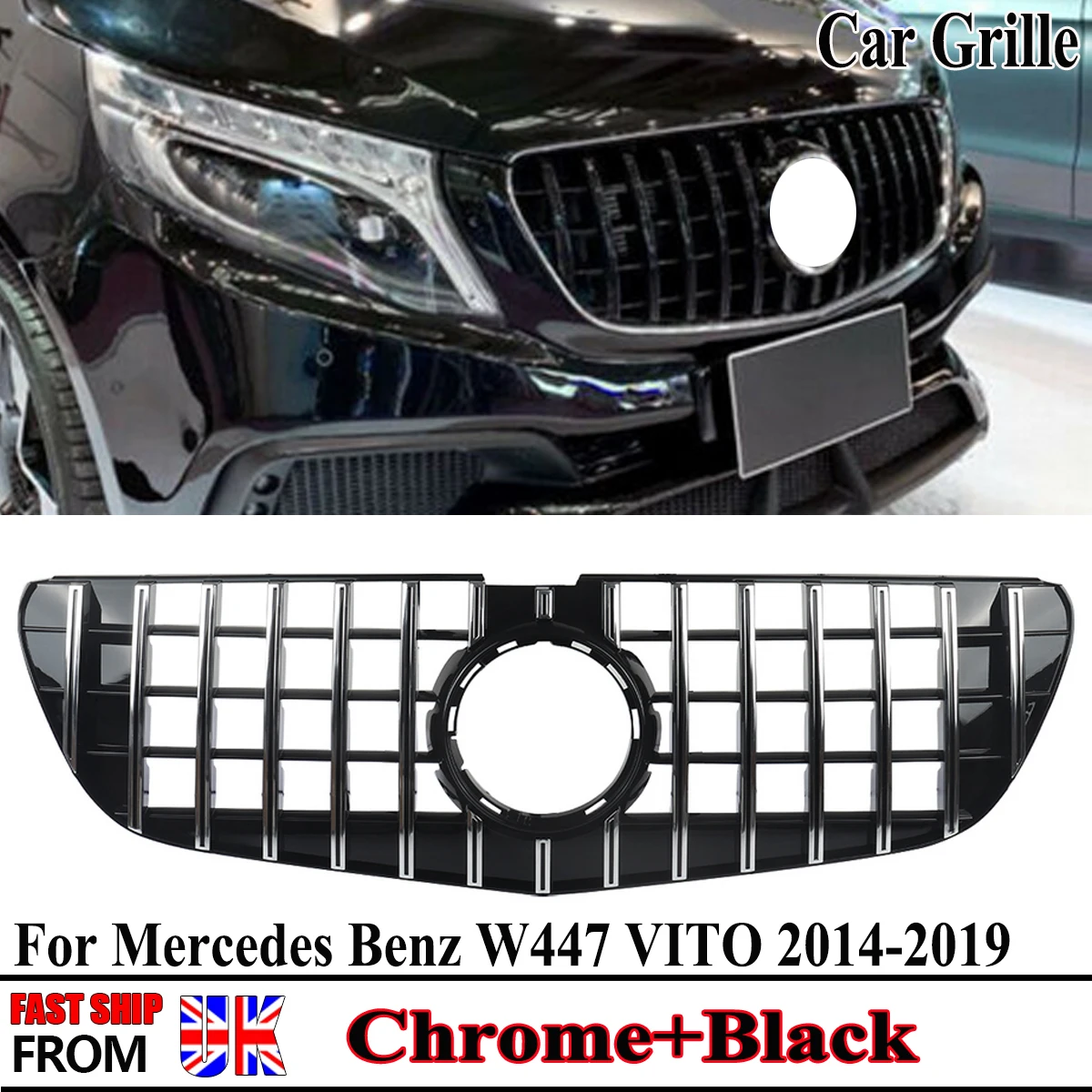 

MagicKit ABS Chrome Silver GT Grille For Mercedes Benz W447 VITO From 2014-2019 Front Bumper Grills Car Accessories