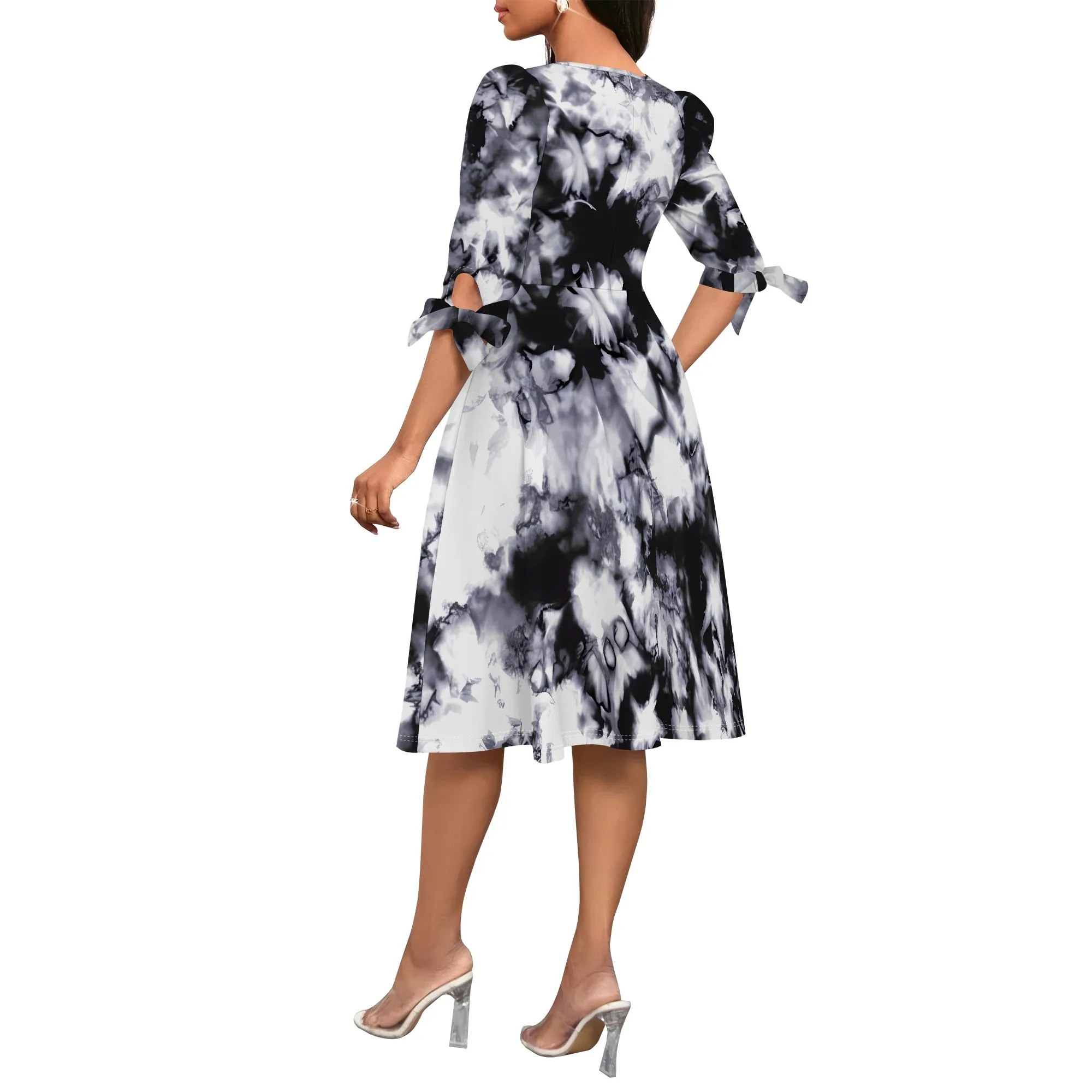 EQQZD Boho Tie-Dye Print Dresses for Women 2025 Summer Trendy Loose Bow Sleeve Midi Dress