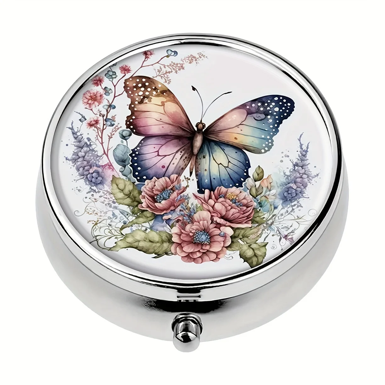 Vintage Butterfly Floral Round Pill Box,Household Portable Medicine Storage Box,3-grid Sub-packaging Medicine Box,Outdoor Travel