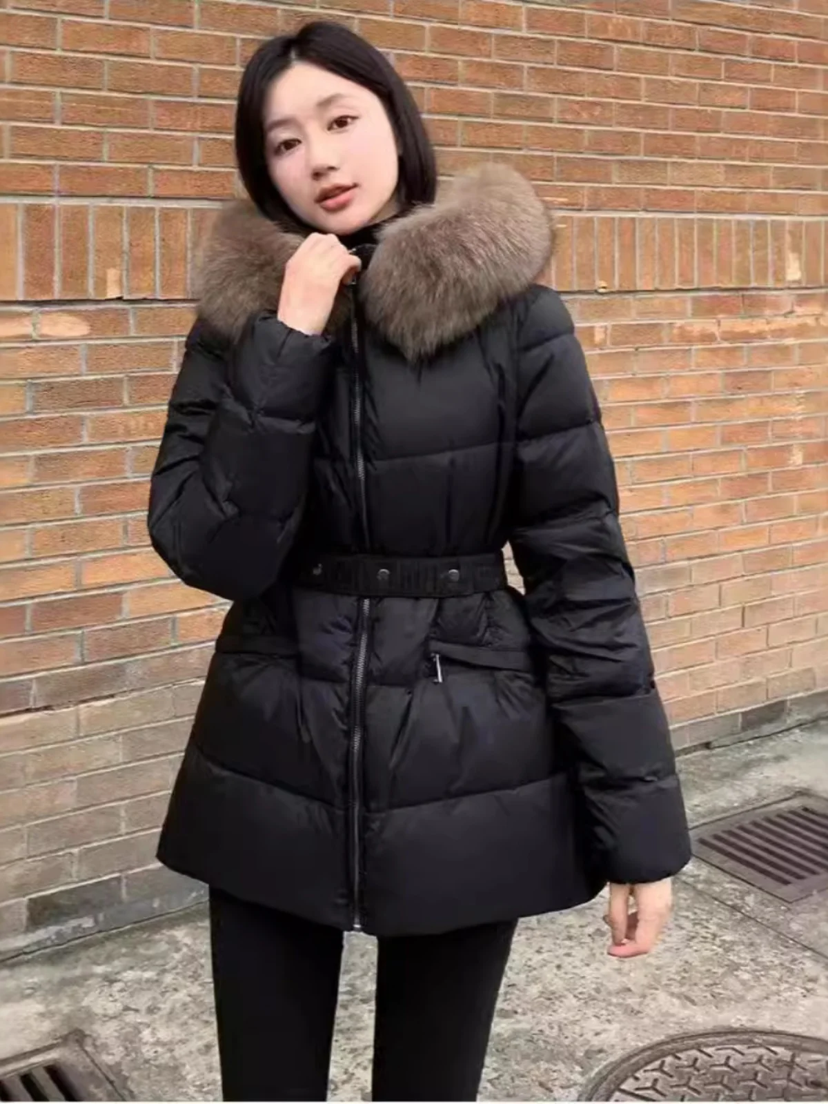 

M Home Winter Women's ort Hooded down Jaet 90 White Du down Fur Collar Waist-Cinching Faionable Korean Sle