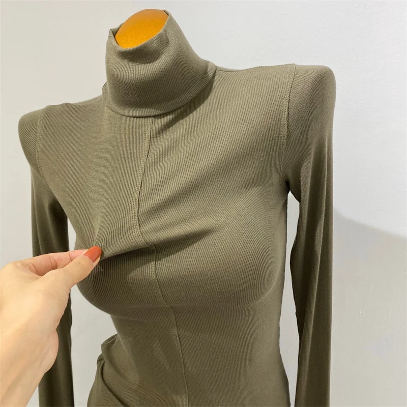 

Slim Fit Women's Long Sleeve T-Shirt High Collar Base Shirt Cut Label Front And Back Wear Commute Style Korean Version Cotton