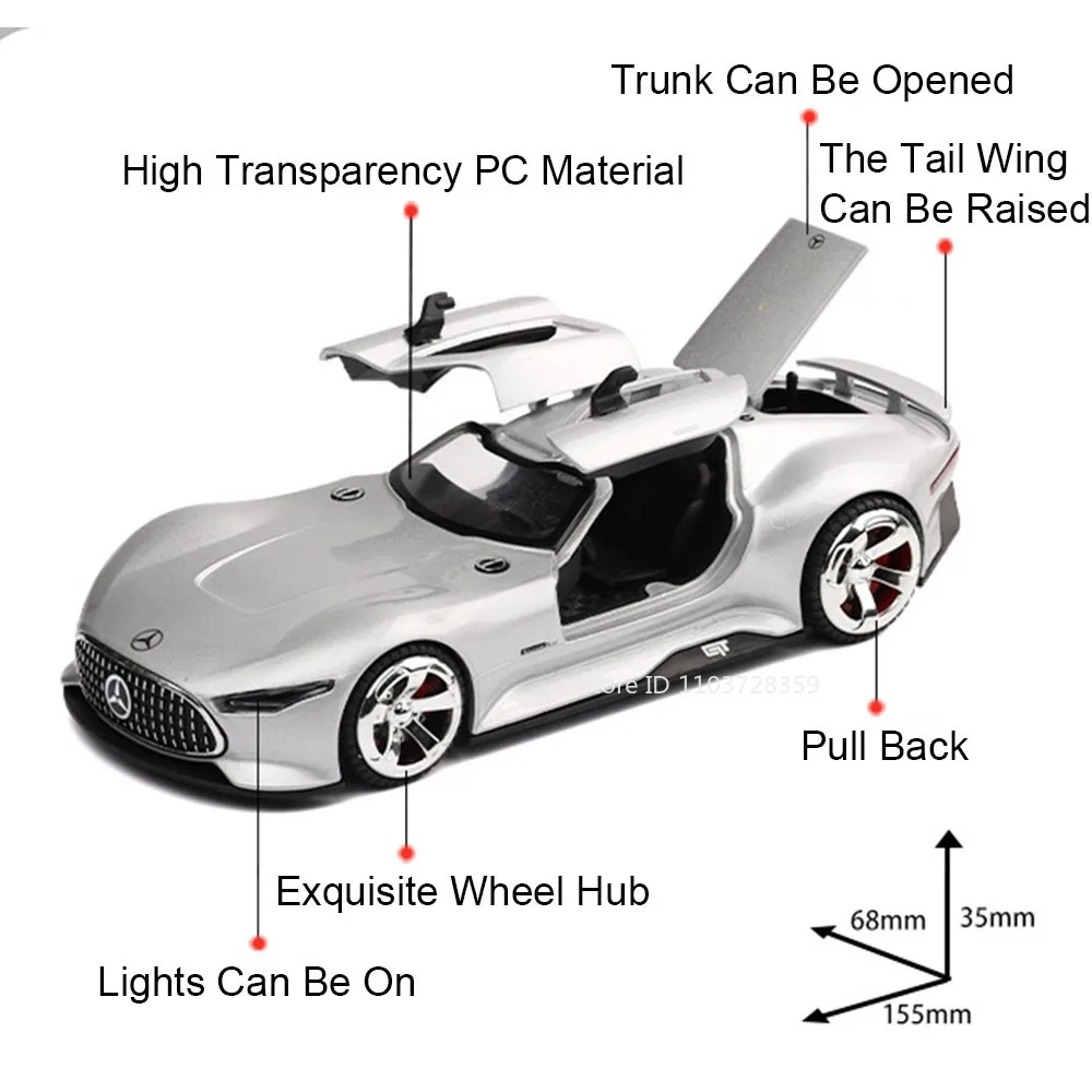 1:32 gt slr 772s modelo em miniatura carro esportivo brinquedos liga diecast som luz portas abertas puxar para trás supercarros de brinquedo para crianças presentes