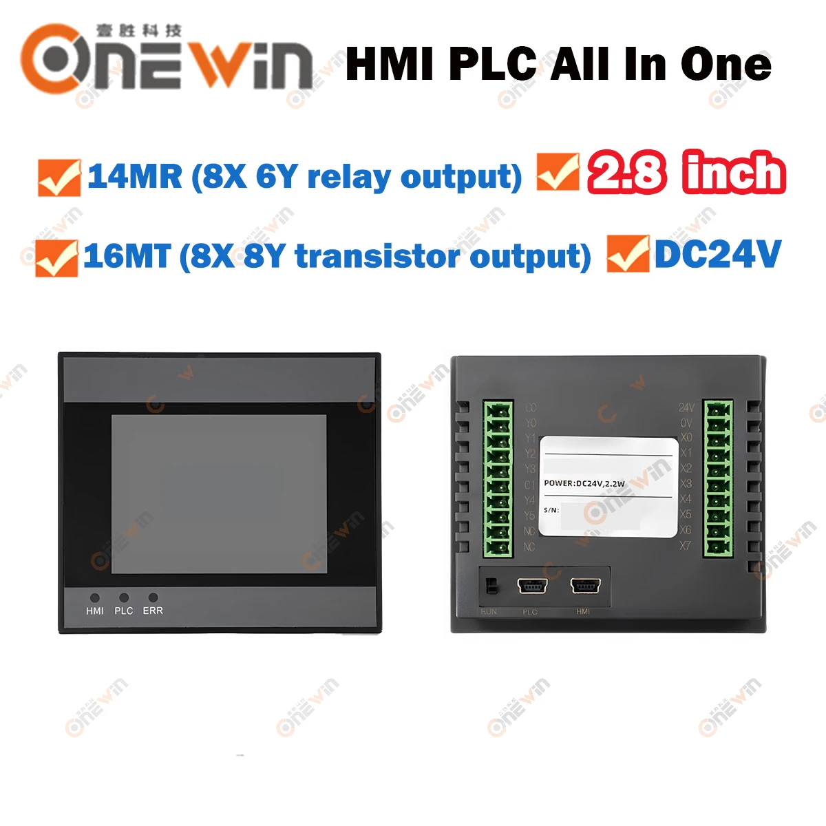 

ONEWIN 2.8 inch HMI PLC All In One 14MR 16MT Touch Screen Integrated DC24V Human Machine Interface Industrial Controller