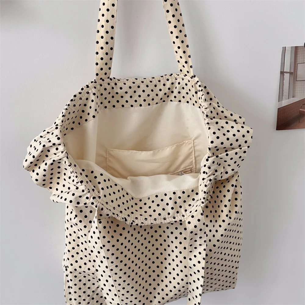 Retro Dot Women\'s Canvas Shoulder Bag Ruched Design Ladies Commute Shopping Bags Large Capacity Female Travel Tote Purse Handbag