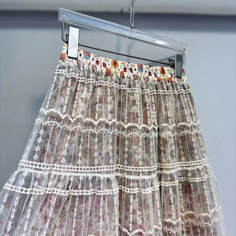 Jupe longue en maille de tulle à imprimé floral doux pour femmes, jupe maxi patchwork, taille élastique, sexy, printemps, été, mode la plus récente, 2025