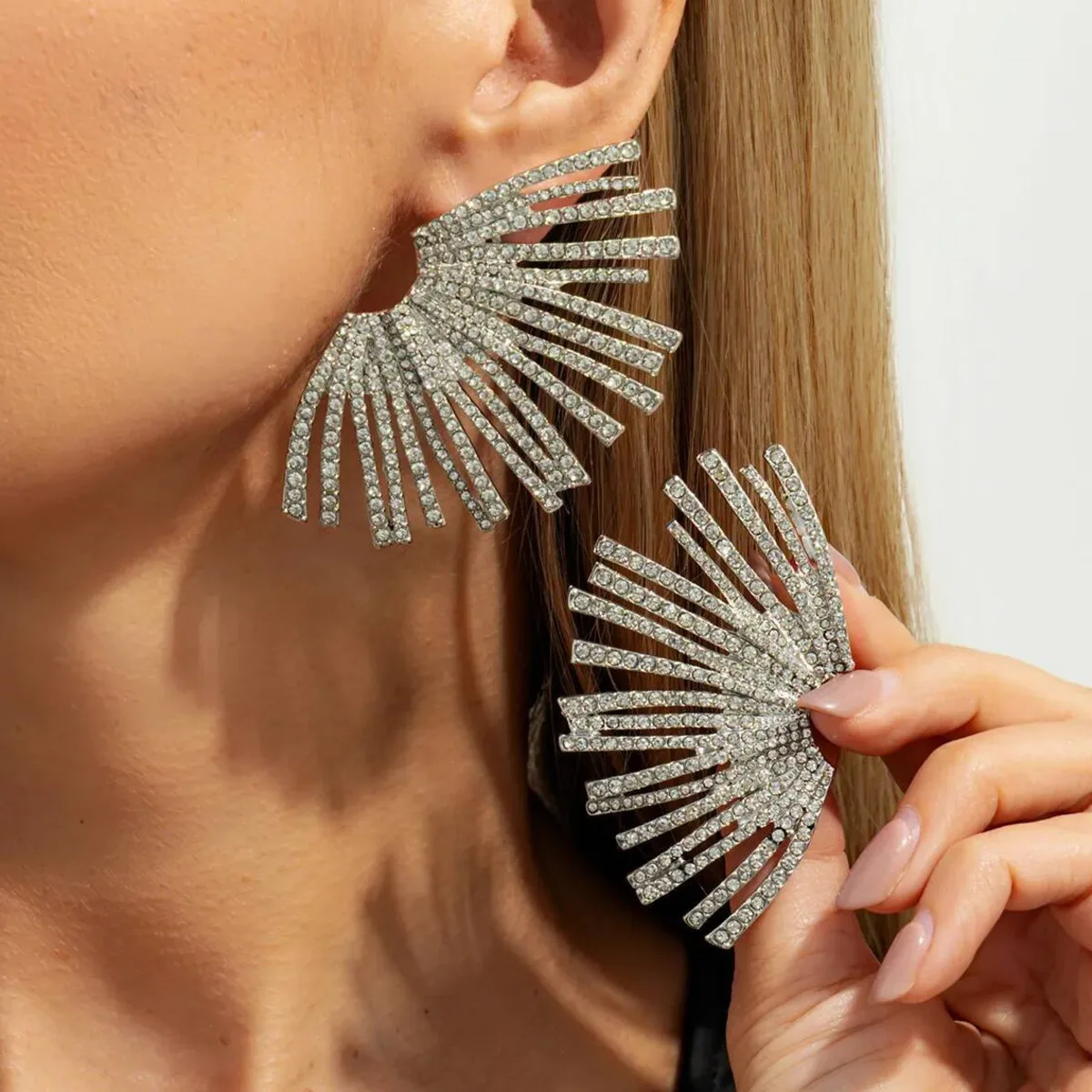 SHIXIN Luxury Full Rhinestones Fan Shaped Large Stud Earrings Women Bride Elegant Shiny Crystal Irregular Earrings Party Jewelry