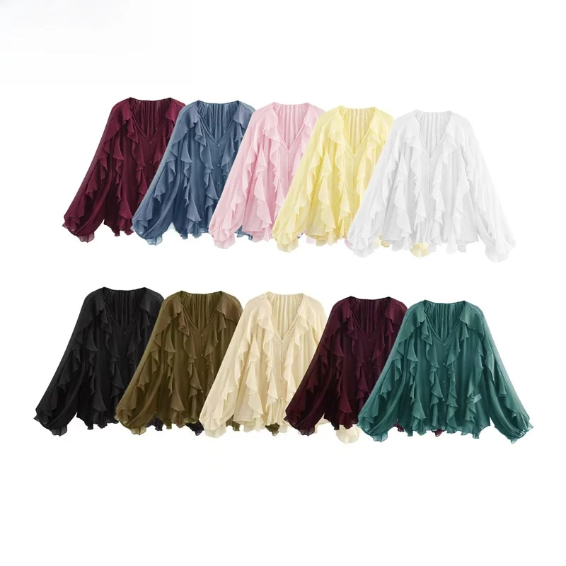 

Spring New V-ne Layered Decoration Loose Long Sve irt Women's Faion Polyester Fiber Casual Classic Sle Pure Color