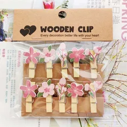 35x7mm/set 10pcs Wooden Peach Flower Hanging Photo Clips Memo Paper Art Card Clothespin Stationery Wedding Party Craft Decor