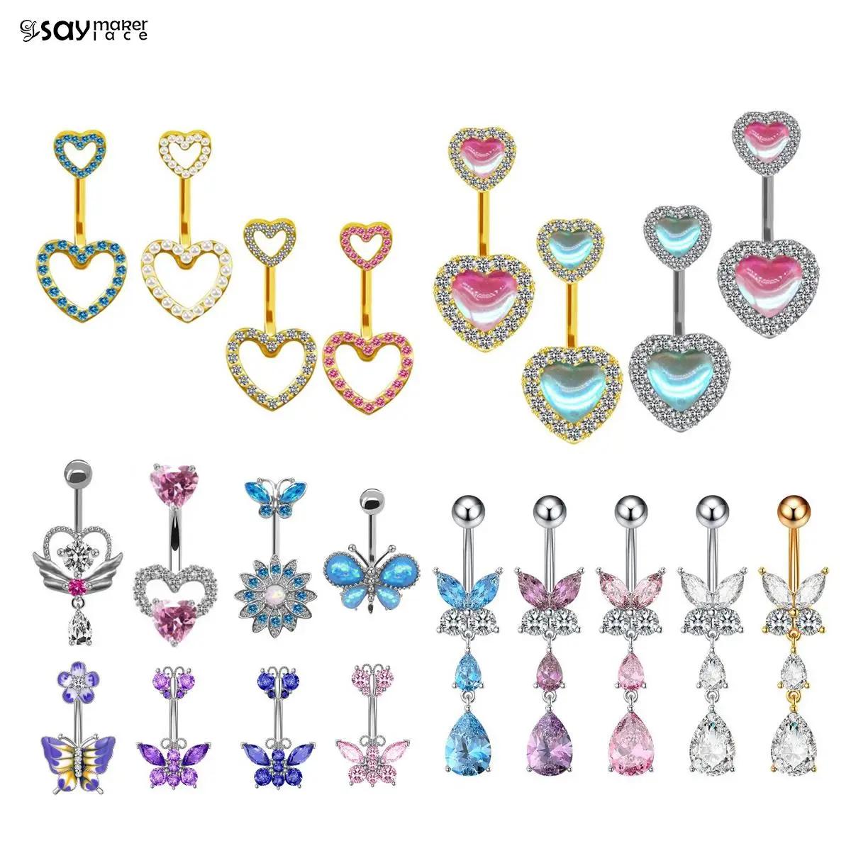 Love Heart-shaped Drop Dangle Body Belly Ring Butterfly Water Droplets Zircon Belly Button Rings Dangled Navel Ring Body Decor