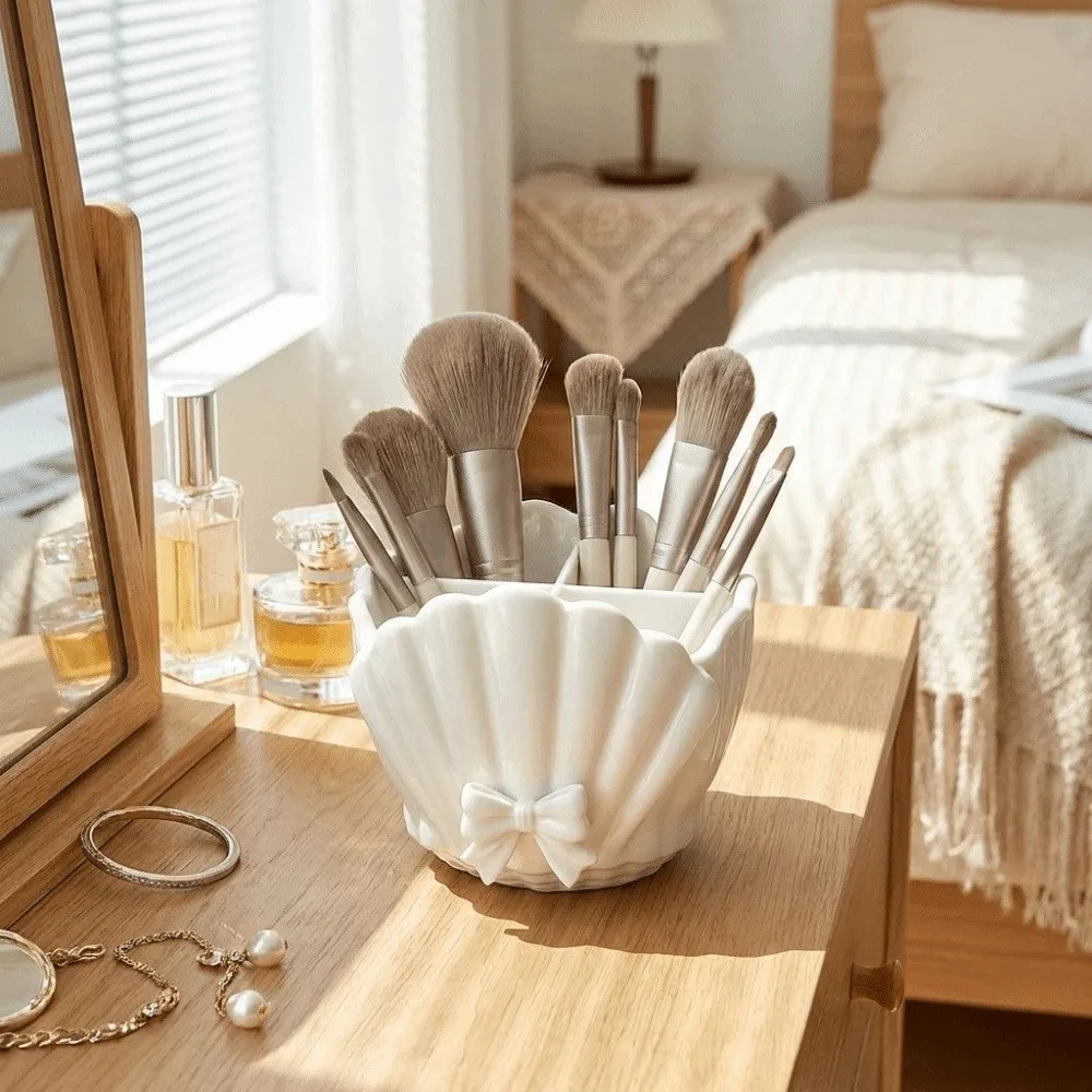3D Printed Shell Shaped Toothbrush Holder Four-Compartment Shell Shaped Desktop Storage Box Bow Lace Decorative Toothbrush Rack