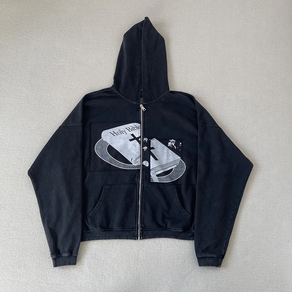 Streetwear Washed Abstract Print Terry Zipper Hooded Hoodies Jacket Mens and Womens Cardigan Loose Cotton Autumn Sweatshirts