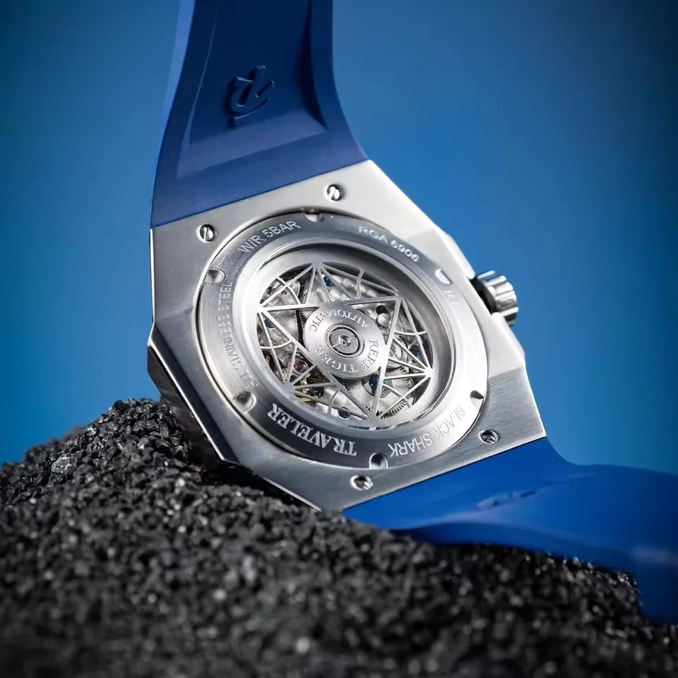 Reef Tiger Men's Automatic Mechanical Sport Watch Waterproof Multifunction Calendar Display Rubber Strap Steel Case