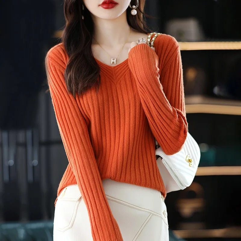 New Solid Color V Neck Knitted Sweater Temperament Fashion Long Sleeve Woman Slimming Pullovers Comfortable Soft Warm Tops