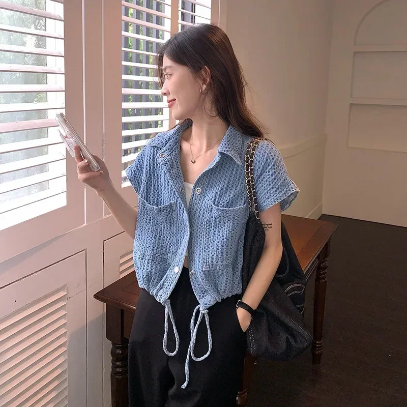 

Drawstring Retro Lapel Loose Blue Denim Vest Chalecos Mujer Crop Roupas Femininas Streetwear Waistcoat Women Summer Jacket Shirt