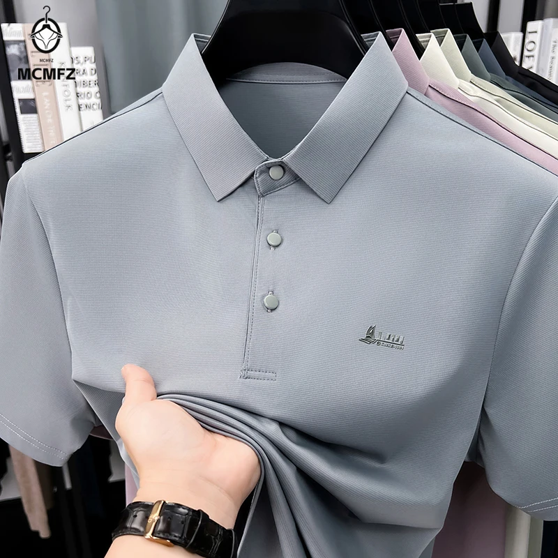 Men's Breathable Business Polo T Shirt Short Sleeve Elastic Tops For Office Daily Casual Wear Summer Blouse