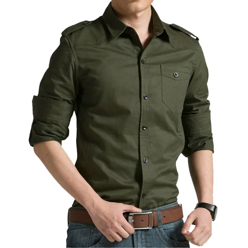 Drop Shipping men military  long sleeve slim fit camisa masculina khaki army green cotton shirt AXP218