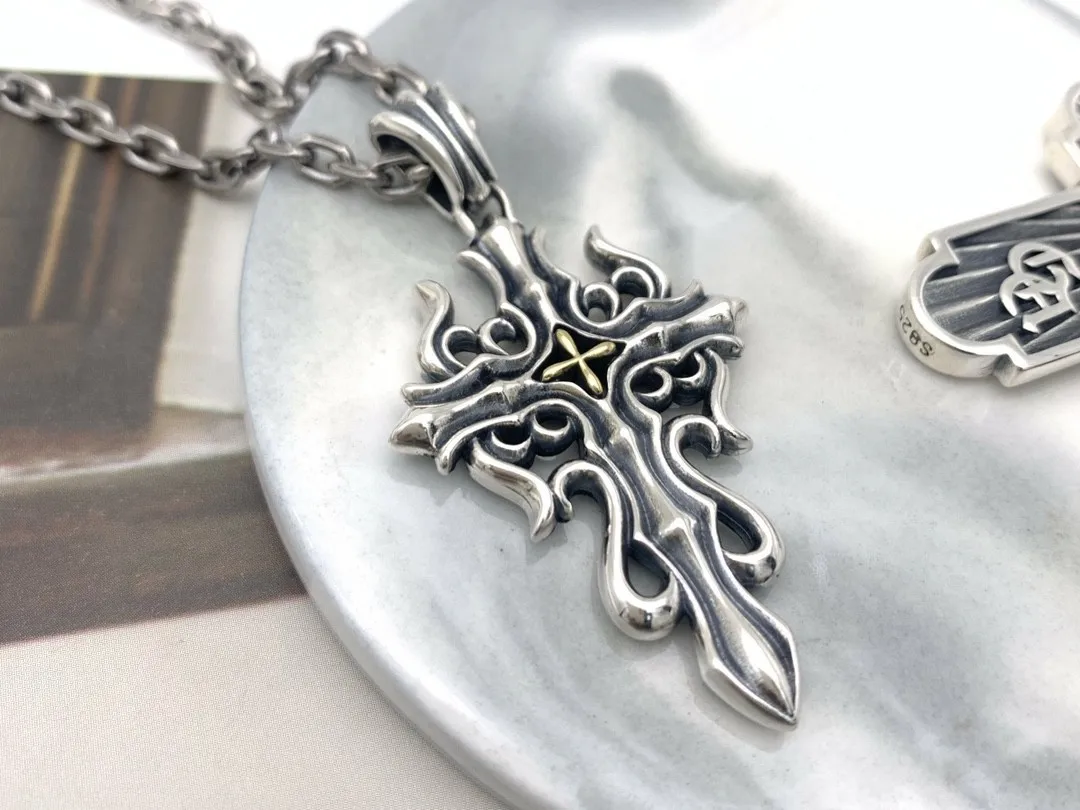 S925 sterling silver eternal vine blue diamond flame cross flower pendant men and women trendy hip hop pendant