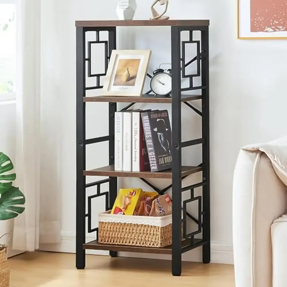 

4-Tier Industrial Wood Metal Bookshelf Freestanding Narrow Storage Space Saving Organizer Home Office Study Room Living Bedroom