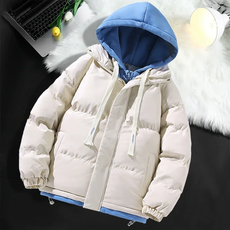 Uomo cotone con cappuccio Coat2024 nuovo Casual con cappuccio finto Design in due pezzi in cotone caldo Parka stile coreano giacca invernale da uomo spessa