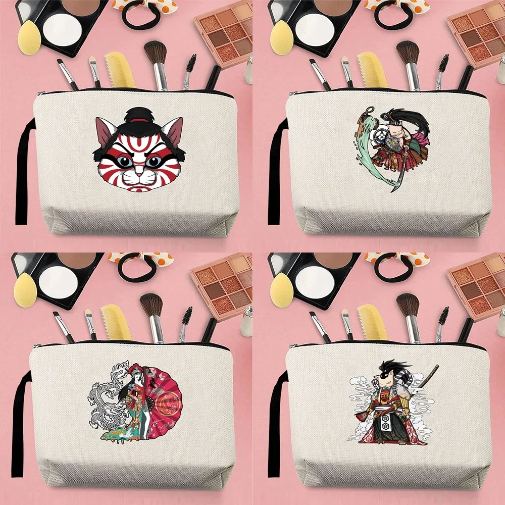 Hot Sale Makeup Storage Bag Handbag Woman Change Canvas Anime Samurai Pattern Printed Carrying Rope Beige Pencil Case