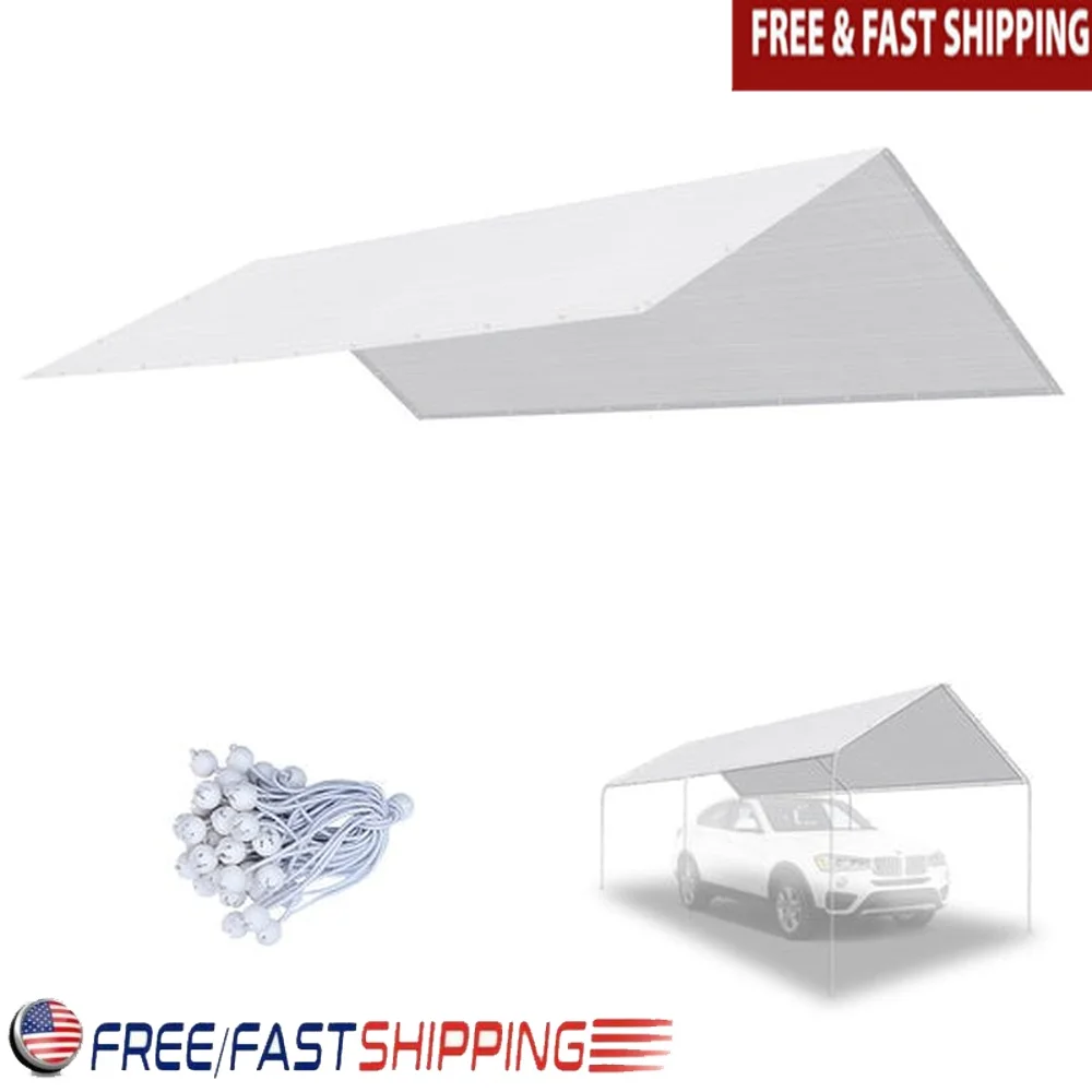 10x20ft Waterproof Replacement Canopy Cover Carport Tent with Bungee Fasteners UV Protection Tear Resistant Grommets Outdoor Use