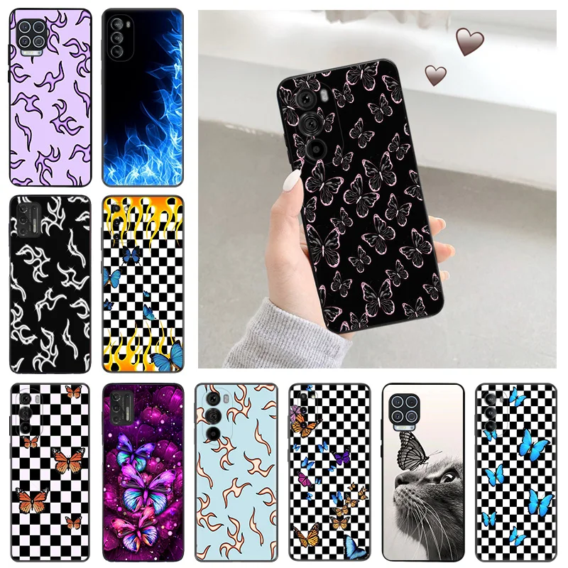 Silicone Soft Phone Case for Motorola G51 G9 G73 G30 G31 G50 G51 G60 G71 5G G22 G32 G52 G72 Blue Butterfly Cat Flame Fire Cover