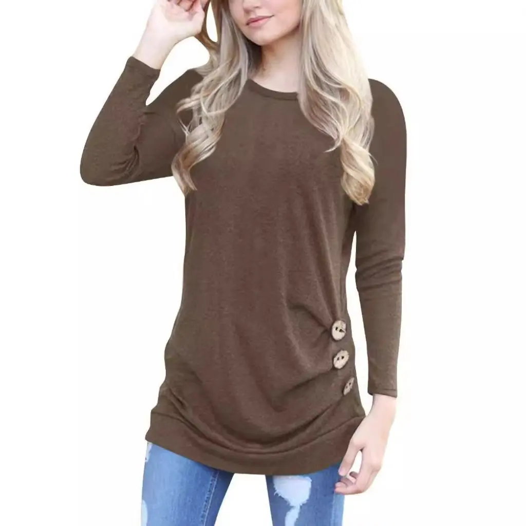 

Women's Loose Long Sleeve T-Shirt round Neck Pure Color Autumn Winter Button Detail Cotton Pull over Top by