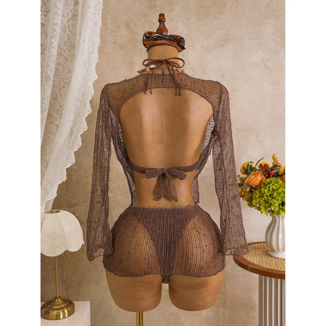 Sexy Neckholder-Bikini, Damen-Badeanzug, dreiteiliges Bikini-Set mit langärmeligem Kleid, Badeanzug, Badebekleidung, Schwimmanzug V7925C – Detail 16