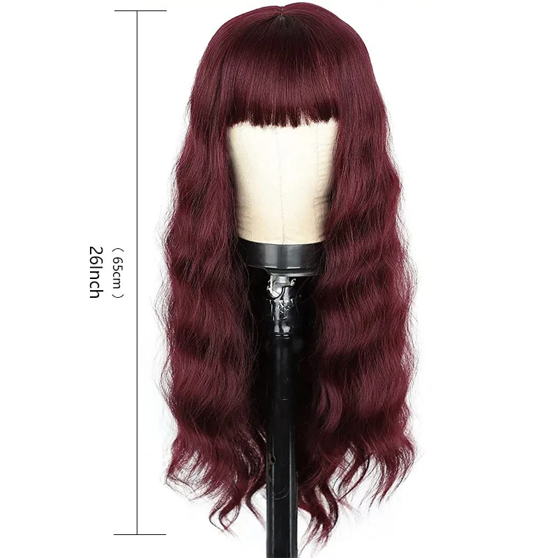 Peluca de cabello largo y rizado para mujer, pelo rojo vino, ondulado, con flequillo limpio, diadema de fibra sintética, gran oferta