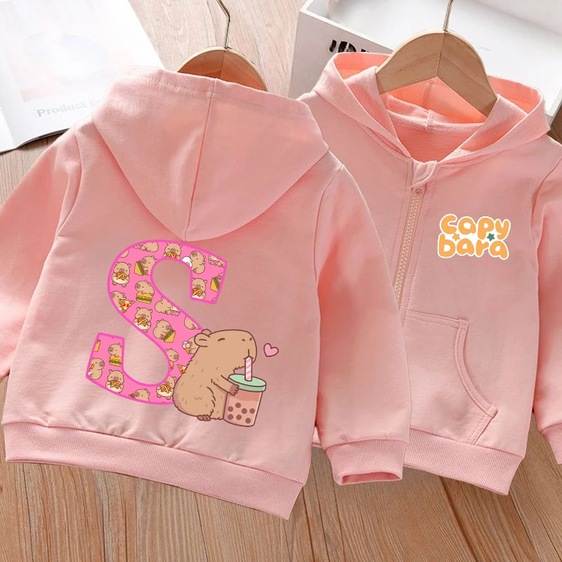Capybara Zipper Hoodies Girls Cute Capibara Letter A-Z Hooded Jacket Kids Spring Autumn Coat Long Sleeves Children Clothes Gift