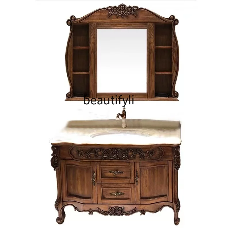 European red oak double basin bathroom cabinet solid wood antique bathroom cabinet bathroom marble washstand hand basin