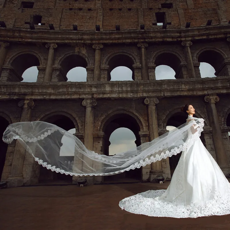 Vestido de noiva com camada única, veste de casamento elegante estilo catedral com 5m de comprimento, bege e branco, frete grátis