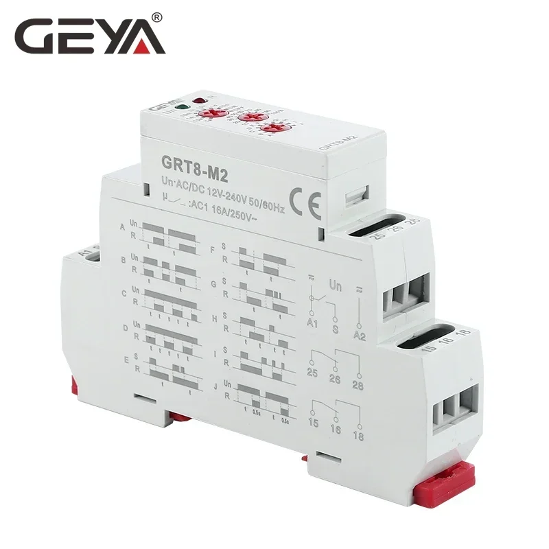 GEYA-relé Temporizador multifunción GRT8-M, 16A, 10 opciones de función, CA, CC, 12V, 24V, 220V, 230V